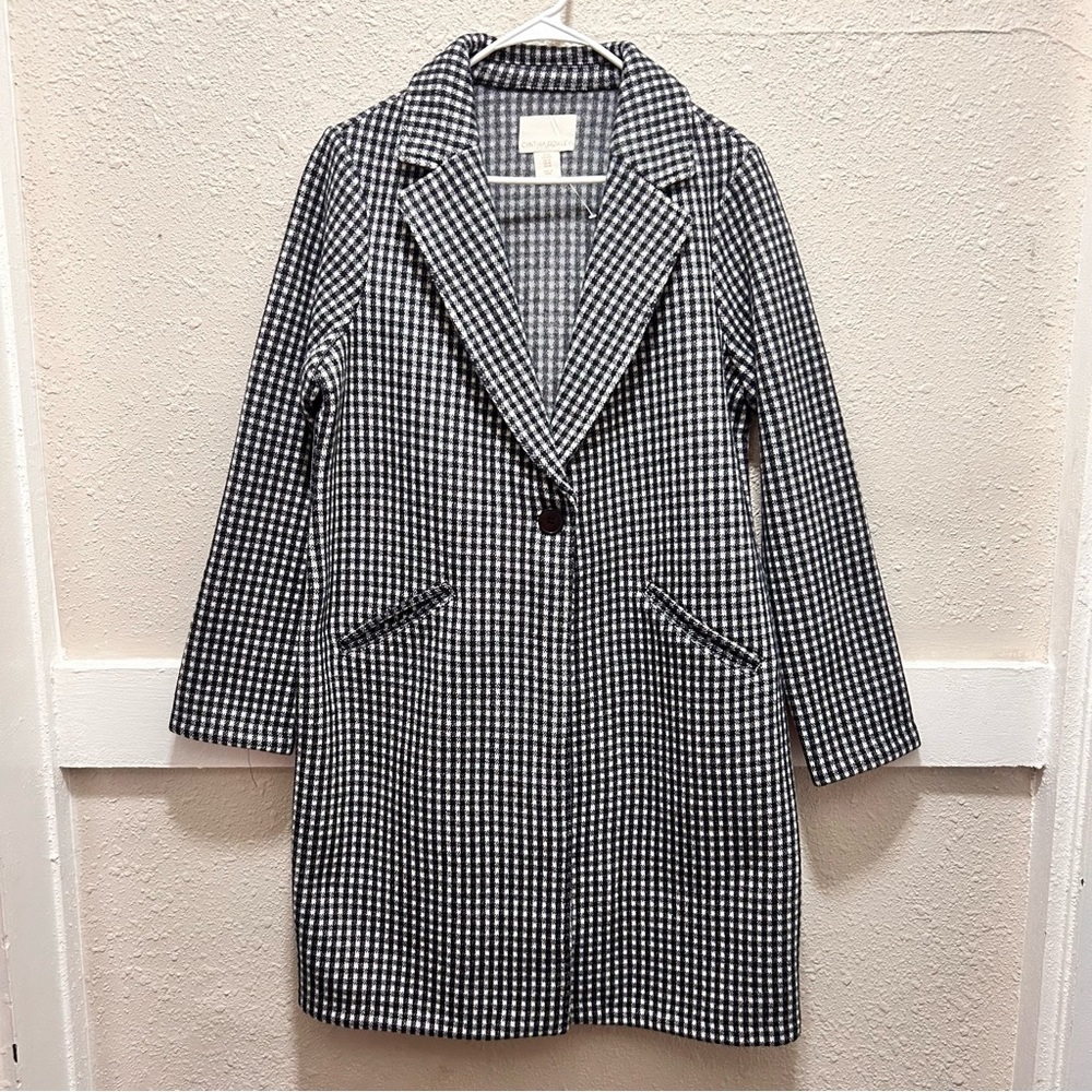Cynthia Rowley Black and White Checkered Wool Blend Single Button Coat Medium